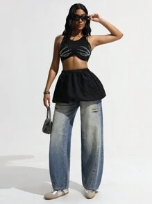 SHEIN Unity Pantalones anchos de mezclilla vintage de moda para mujer, estilo grunge - Lavado ligero - Ver 2