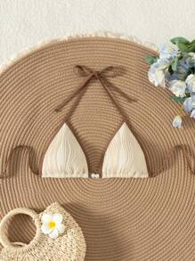 Swim Vcay Summer Retro Holiday Beach Apricot Color Splice Special Fabric Women One Piece Bikini Top - Apricot - View 1