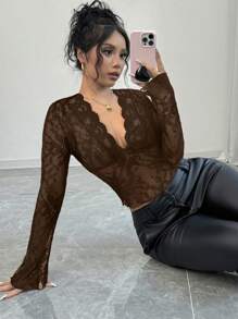 Firerie 女士黑色 V 领蕾丝拼布喇叭袖蕾丝衬衫