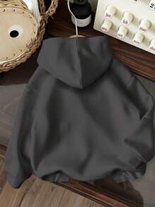 SHEIN EZwear Women's Casual Brooklyn Printed Drawstring Hooded Long Sleeve Loose Sweatshirt Back To School Fall And Winter Clothing Teacher Autumn And Winter Hoodie - Dark Grey - View 4