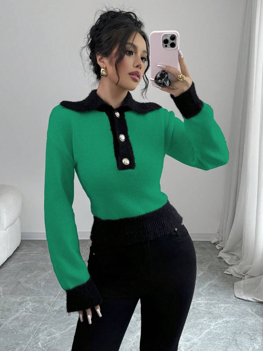 Elenzga Women's Sporty Color Block Polo Collar Button Up Long Sleeve Sweater Knit Pullover Fall Winter Sweater - Green - View 1