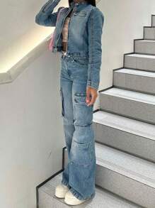 Ladies' Side-Zip Multi-Pocket Straight-Fit Work Pants With An American Street Style Mid-Rise. They Fit Well, Are Comfortable, And Versatile. The Solid Color Design Is Simple And Suitable For Daily Wear, Featuring A Light-Wash Blue Denim Work Pant. - Rửa nhẹ - Xem 5