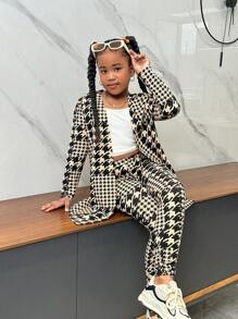 SHEIN Tween Girl NOVA Store 日常休闲针织格子印花长袖开衫上衣搭配紧身裤套装 - 卡其色 - 查看 3