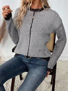 SHEIN LUNE Women's Casual Crew Neck Colorblock Striped Patchwork Pullover Sweater Knit Pullover Fall Winter - Coffee Brown - View 8