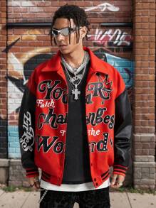 Manfinity VCAY Men's Letter Print Contrast Color Casual Versatile Long Sleeve Jacket, Vintage Party Warm Jacket Letter Rapper Color Block Dark Red Lightweight Jacket, For Friends, Husband, Boyfriend Gifts, For Fall Winter