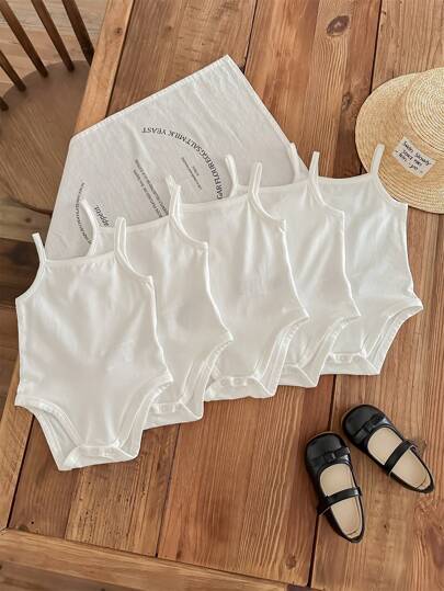 SHEIN LMoss Kids 5pcs/Set Baby Girl 5 Pieces Casual Simple Knitting Soft Stretchy Solid Color Spaghetti Strap Bodysuit, Suitable For Summer