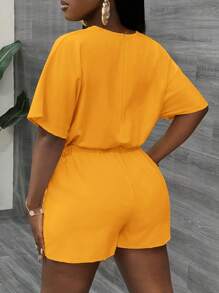 Slaydiva Casual V Neck Bat Sleeve Short Sleeve Shorts Yellow Women's Jumpsuit-C - Yellow - View 2