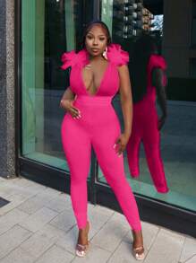 Slaydiva 2024 New Sexy Elegant White Sleeveless Mesh Splicing Exaggerated Shoulder Bandage Bodycon Jumpsuit, Perfect For Date & Holiday