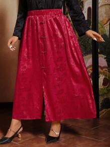 SHEIN VCAY Saia Elegante de Estilo Chinês Novo com Cintura Elástica e Botões de Rã para Mulheres Plus Size, Look para o Dia dos Namorados Romântico - Vinho - Visão 3
