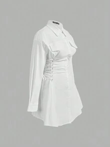 SHEIN MOD White Shirt Dress With Side Tie Short Length For Plus Size Women,White Collar Side Slit Tie Waist Shirt Dress, Long Sleeve Dress, Holiday Outfits,Holiday Women Outfits