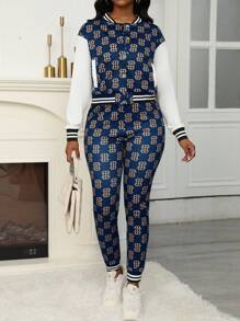 Zolique 2pcs Women Simple Button Front Long Sleeve Top And Long Pants Set - Blue - View 4