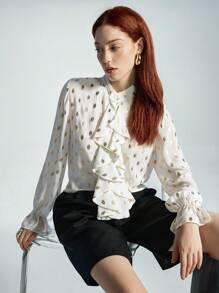 SHEIN Privé Elegant White Polka Dot Chiffon Blouse,Office Ruffled Collar Foil Print Sheer Top,High-End Fashion Autumn Cloth For Women,Spring Valentine's Day - White - View 4