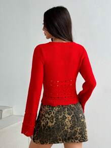 Flirla Women Solid Color Front Tie Hollow Long Sleeve Cropped Sweater, Autumn/Winter