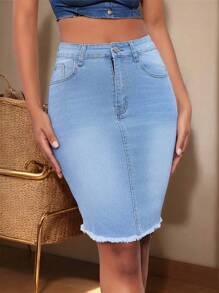 Women's Casual Simple Denim Mini Skirt, Everyday Wear - Light Wash - View 4