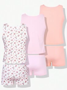 SHEIN 3PCS/Set Young Girl Camisole With Ribbing, Rose And Bow Design, Pink + Solid Color Camisole And Panty Set With Bow, Soft And Comfortable,Summer Travel
