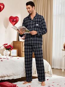 Men's Plaid Patchwork Front Button Casual Home Wear Set - Multicolor - View 4