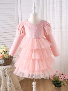 Young Girl Luxurious Double-Sided Plush Fabric Decorated Pearl Patchwork Tulle Layered Thick Dress - Pink - View 1