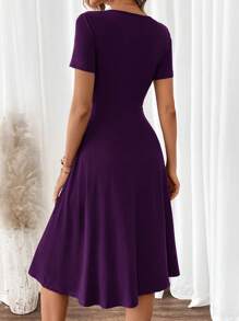 SHEIN Clasi 女士优雅 V 领短袖绿色 A 字连衣裙 - 紫色 - 查看 2