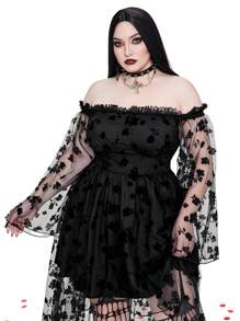 Whyspr Vestido sexy asimétrico de talla grande con diseño de nicho, color negro sólido, encaje, hombros descubiertos y bajo maxi para outfit gótico de mujer