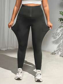 SHEIN PETITE CURVE Plus Size Casual Solid Color High Waist Leggings