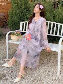 DAZY Women Floral Print Long Dress With Ruffle Sleeves,Casual Women Dresses,Fall Dress Long Sleeve Dress - Purple - View 4