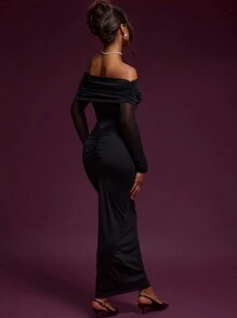 MUSERA Vestido largo elegante de gasa con escote Bardot, inserciones de malla y drapeado, ideal para primavera, verano, vacaciones y fiestas - Negro - Ver 3