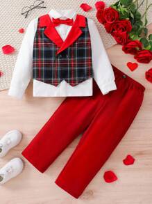 2pcs Young Boy Gentleman Elegant Urban Fashion Red Bow Tie, Plaid Vest 2 In 1 Design, White Collar Long Sleeve Shirt And Red Pants Gentleman Suit, Suitable For Wedding, Party, Travel, Casual Gathering, Autumn/Winter