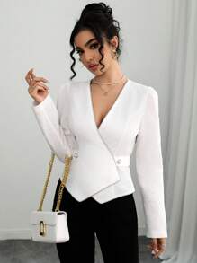 Chiquease Women's White Elegent Work Blouse,French Style V-Neck Patchwork Tie Waist A-Line V-Hem Gigot Sleeve Textured Long Sleeve Blouse For Autumn Commuting - White - View 5