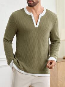 Manfinity Homme Men's Zip-Up Contrast Binding Long Sleeve Sweatshirt, Casual Pullover