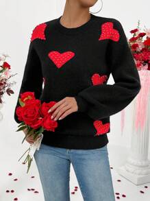 Chiquease Fashionable Heart Studded Pullover Long Sleeve Sweater Knit Pullover Fall Winter - Black - View 4