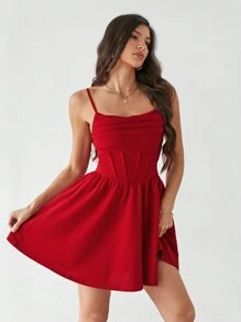 SHEIN Tall 节日气氛新款纯色褶皱扇形 A 字下摆红色连衣裙