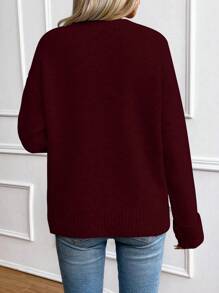 Chiquease Women's Solid Color Round Neck Long Sleeve Loose Casual Sweater, Autumn/Winter Knit Pullover Fall Sweater - Burgundy - View 2