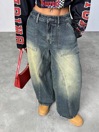 SHEIN EZwear Jeans femme d'hiver, style grunge, académie sombre, lavage sali, taille basse
