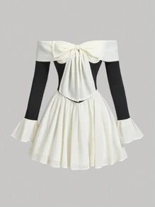 SHEIN MOD Color Block Chiffon Off Shoulder Flare Sleeve Dress,Long Sleeve Dress,Dresses For Women Elegant, Party,Corset Dress,Graduation Dress,Modest Dress,Going Out Dress,Vintage Dress,Goth Dress,Vacation Outfits Woman,Cruise Attire,Concert Outfit Women,Brunch Outfits For Women,Tea Party Outfit