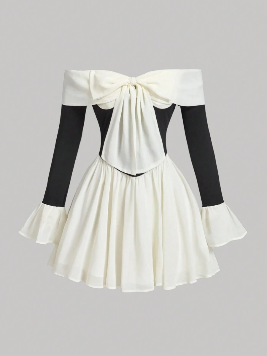 SHEIN MOD Color Block Chiffon Off Shoulder Flare Sleeve Dress,Long Sleeve Dress,Dresses For Women Elegant, Party,Corset Dress,Graduation Dress,Modest Dress,Going Out Dress,Vintage Dress,Goth Dress,Vacation Outfits Woman,Cruise Attire,Concert Outfit Women,Brunch Outfits For Women,Tea Party Outfit