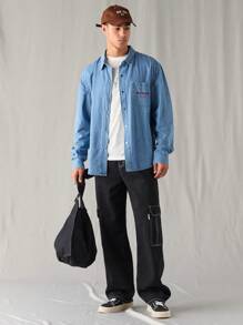 Manfinity Hypemode Camisa vaquera casual suelta de lavado claro para hombres, Urbanchill - Lavado ligero - Ver 6