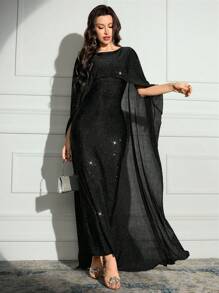 Modelyn 女士纯色圆领撞色拼布斗篷设计优雅长裙