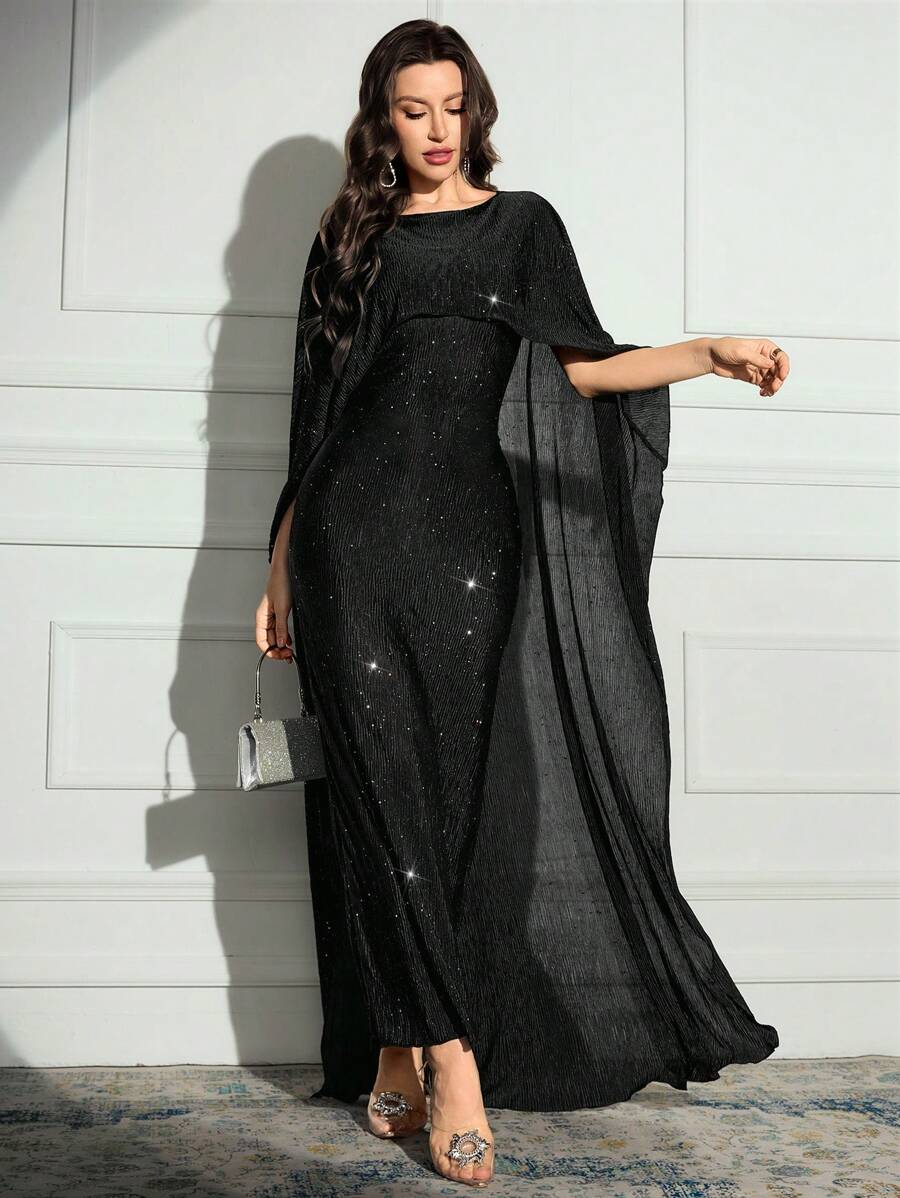 Modelyn 女士纯色圆领撞色拼布斗篷设计优雅长裙