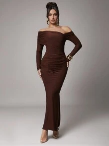 Silquee Women Elegant Solid Color Long Sleeve Shift Dress For Casual, Date, Party, Coffee Brown, Dresses For Women, Dress, Christmas Clothes Women