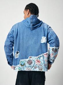 ROMWE MEN Street Life Men Letter Graphic Long Sleeve Ripped Hooded Denim Jacket, Autumn - Baby Blue - View 10