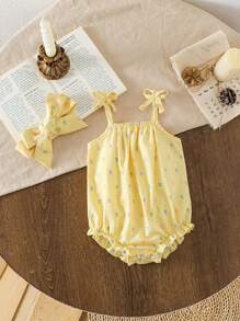 SHEIN Vintaside Kids 女婴春夏新款可爱休闲乡村日常趣味黄色格子3D彩色波点纹理面料蝴蝶结背带宽松连体衣+发带两件套 - 黃色 - 查看 1