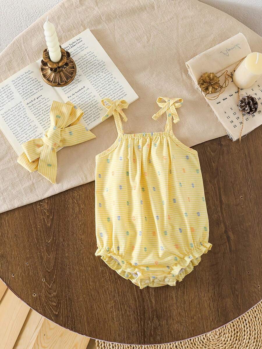 SHEIN Vintaside Kids 女婴春夏新款可爱休闲乡村日常趣味黄色格子3D彩色波点纹理面料蝴蝶结背带宽松连体衣+发带两件套 - 黃色 - 查看 1
