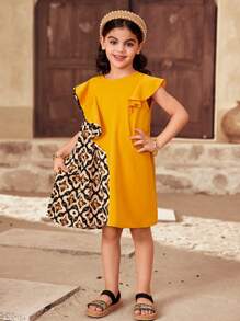SHEIN Vestido ajustado para niña con estampado geométrico tejido y volantes en el bajo - Amarillo - Ver 4