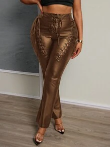 Slaydiva Plus Size Women Solid Color Eyelet Tie Pu Leather Pants - Brown - View 6