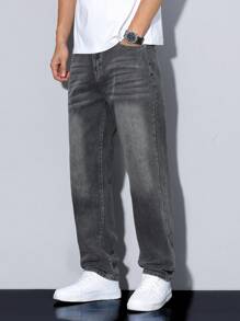 Manfinity Homme Quần Jeans Ống Thẳng Túi Đơn Màu Cho Nam - Xám - Xem 6