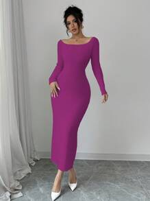 Elenzga Women's Solid Color Minimalist Casual Off Shoulder Bowknot Back Sweater Dress - Red Violet - View 4