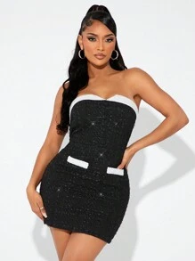 SHEIN SXY Vintage Two-Tone Blend Bodycon Mini Dress, Sexy & Cute, Autumn/Winter