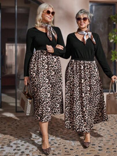 EMERY ROSE Plus Size Casual Leopard Patchwork Dress,Winter Clothes For Women