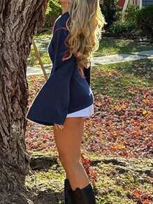 INAWLY Women's Solid Color Button Front Long Sleeve Casual Blouse, Daily Wear - Navy Blue - View 3