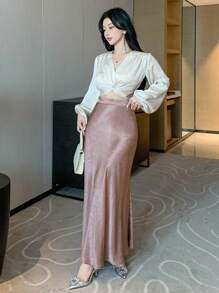 DAZY Vrouwen effen kleur hoge taille visgraat zoom elegante lange rok